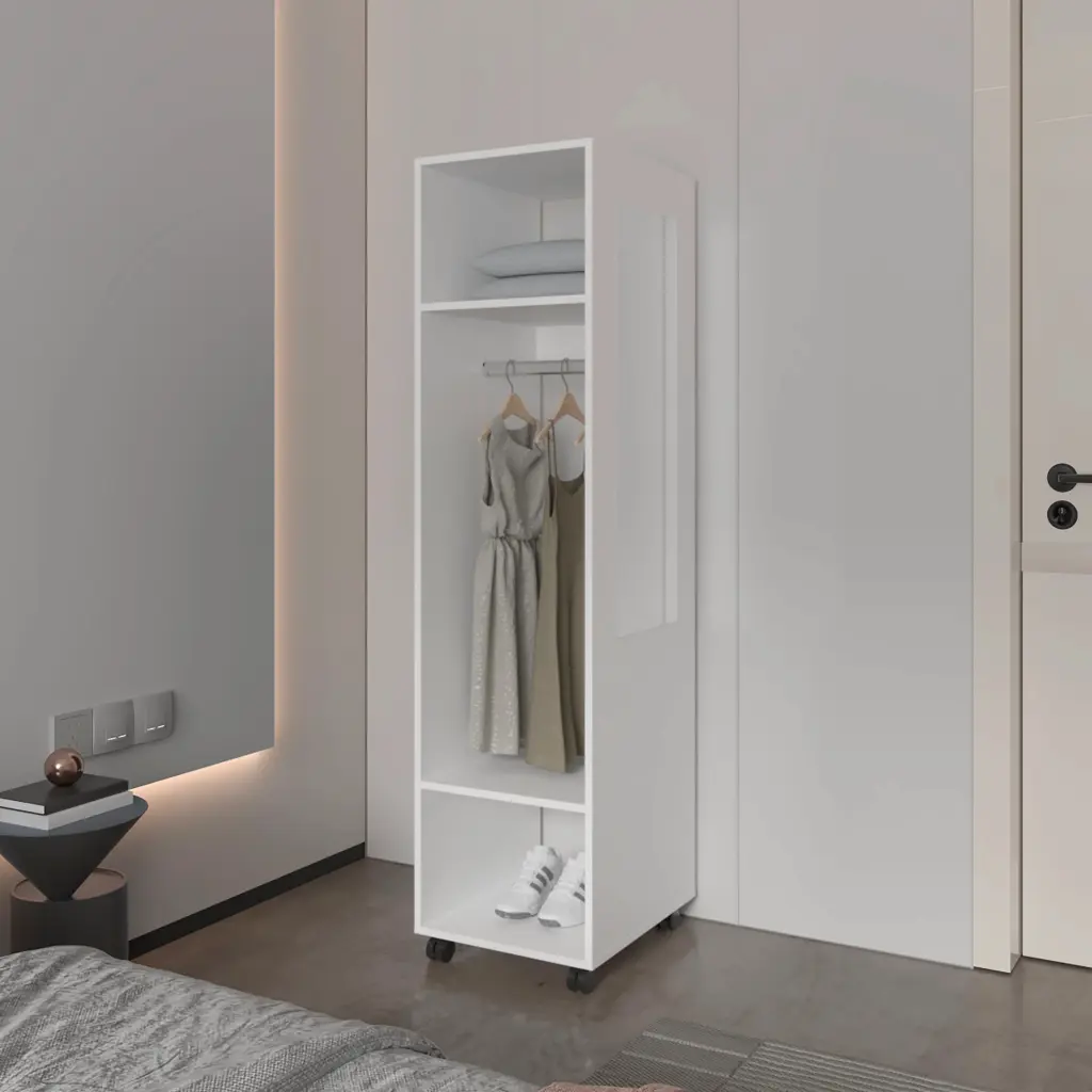 White 3 Shelf Wardrobe Mirror and Open Storage Particle Board Closet Organizer furniture max