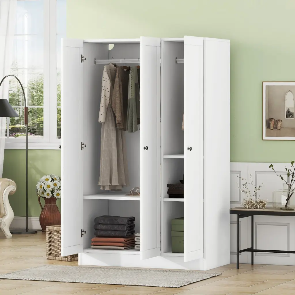 3 Door Shutter Wardrobe Shelves White Hinged Storage Cabinet lucky furniture