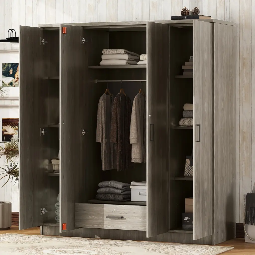 4 Door Wardrobe 1 Drawer Gray Contemporary MDF Finish lucky furniture