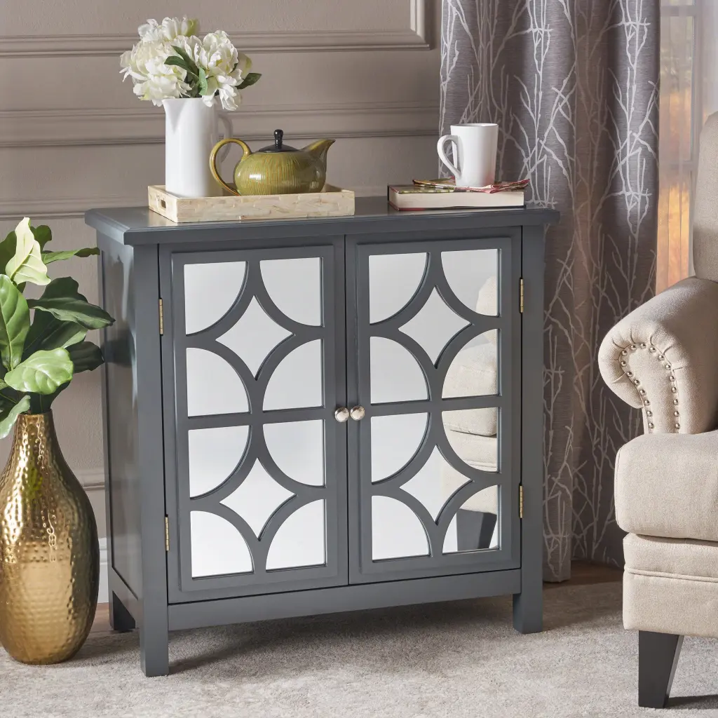 Firwood Mirror Finished Double Door Cabinet Charcoal Grey Solid Wood nh-mirod-can