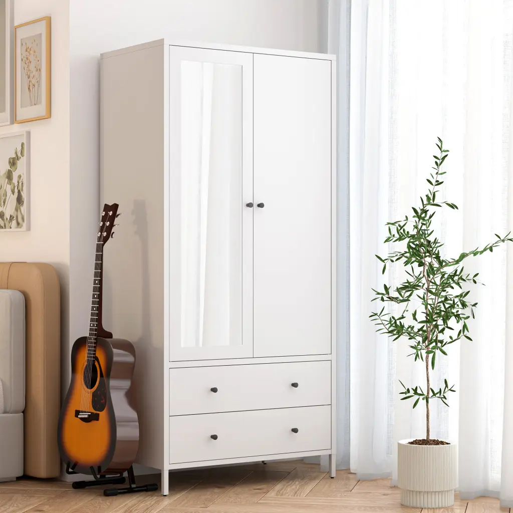 Metal Armoire Wardrobe Closet 2 Drawers Mirror Door Hanging Storage rnb