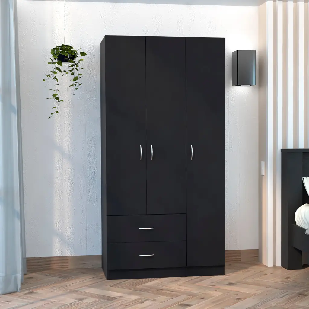 Austral 3-Door Armoire Drawers, Shelves, and Hanging Rod Black rta mubles colombia