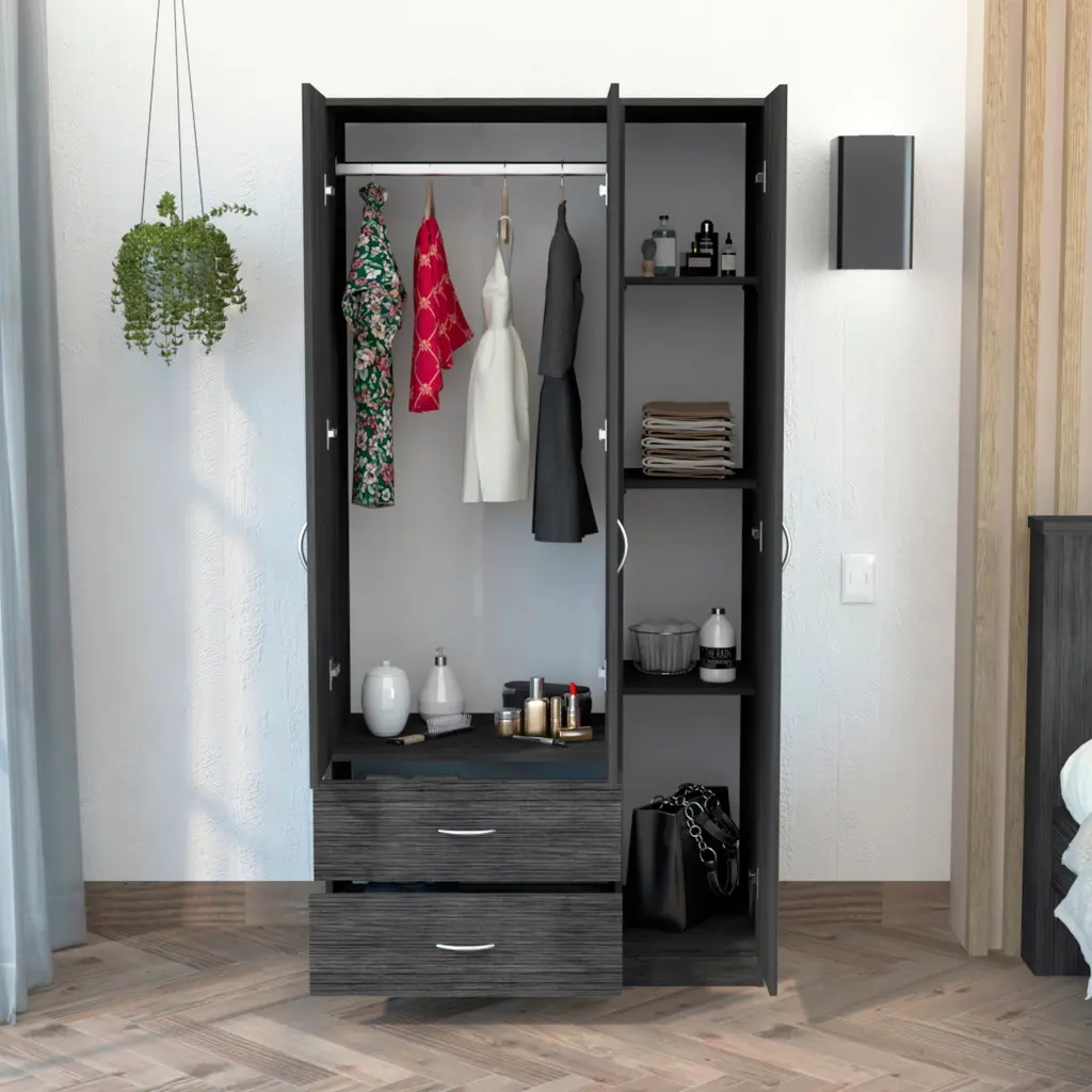 Austral 3 Door Armoire Two Drawers Shelves Hanging Rod Smokey Finish tuhome