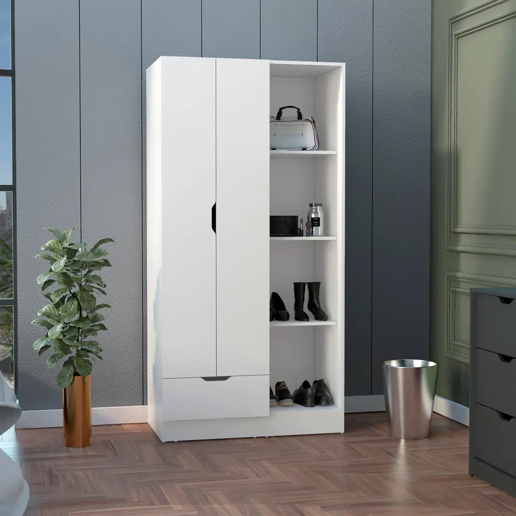 Memphis Wardrobe Armoire 4 Tier Storage Shelves and 1 Drawer White tuhome
