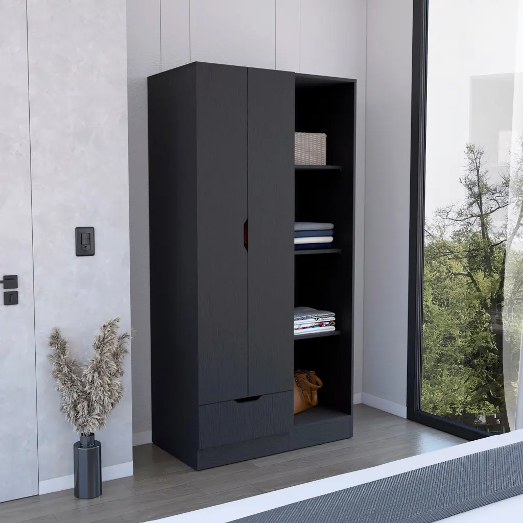 Memphis Wardrobe Armoire 4 Tier Storage Shelves And 1 Drawer Black Closet Organizer tuhome