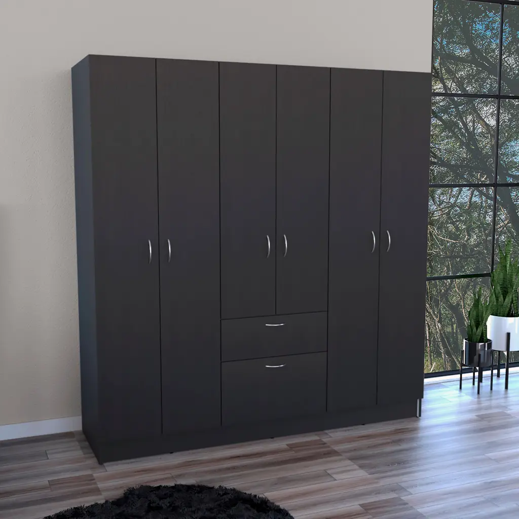 Mitu Six Doors Armoire Seven Interior Shelves One Drawer Rod Black tuhome