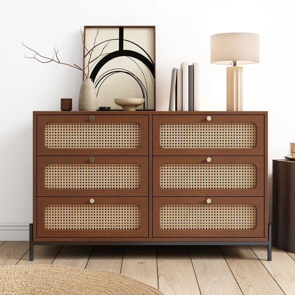 Modern Cannage Rattan Wood Closet 6 Drawers Bedroom Storage bed best