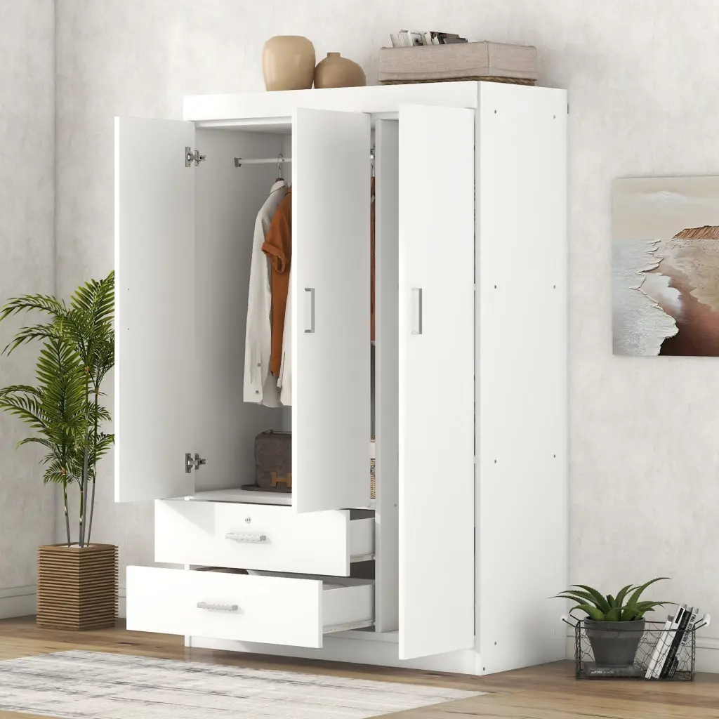 3 Door Wardrobe 2 Drawers White Hinged Shelf Storage Cabinet lucky furniture
