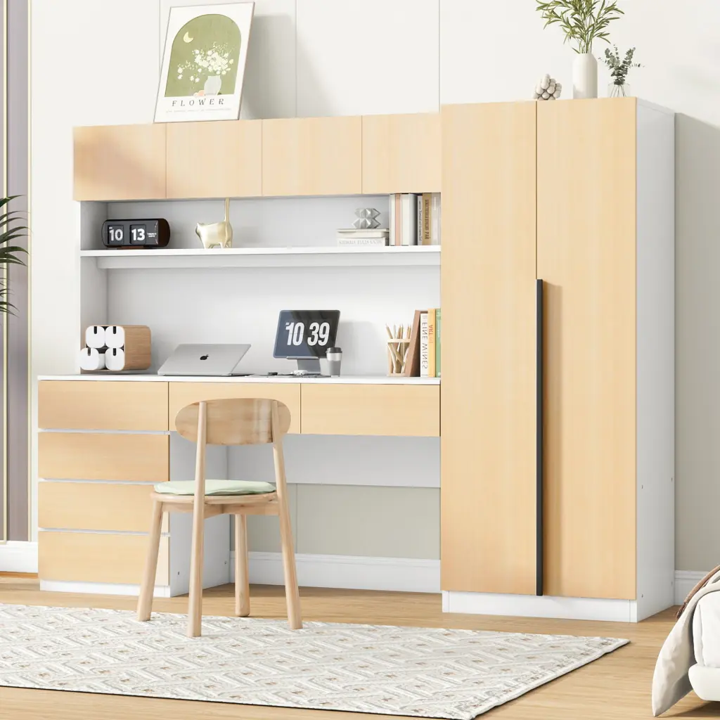 2 Door Wooden Storage Desk Wardrobe Bedroom Shelves and Drawers lucky home