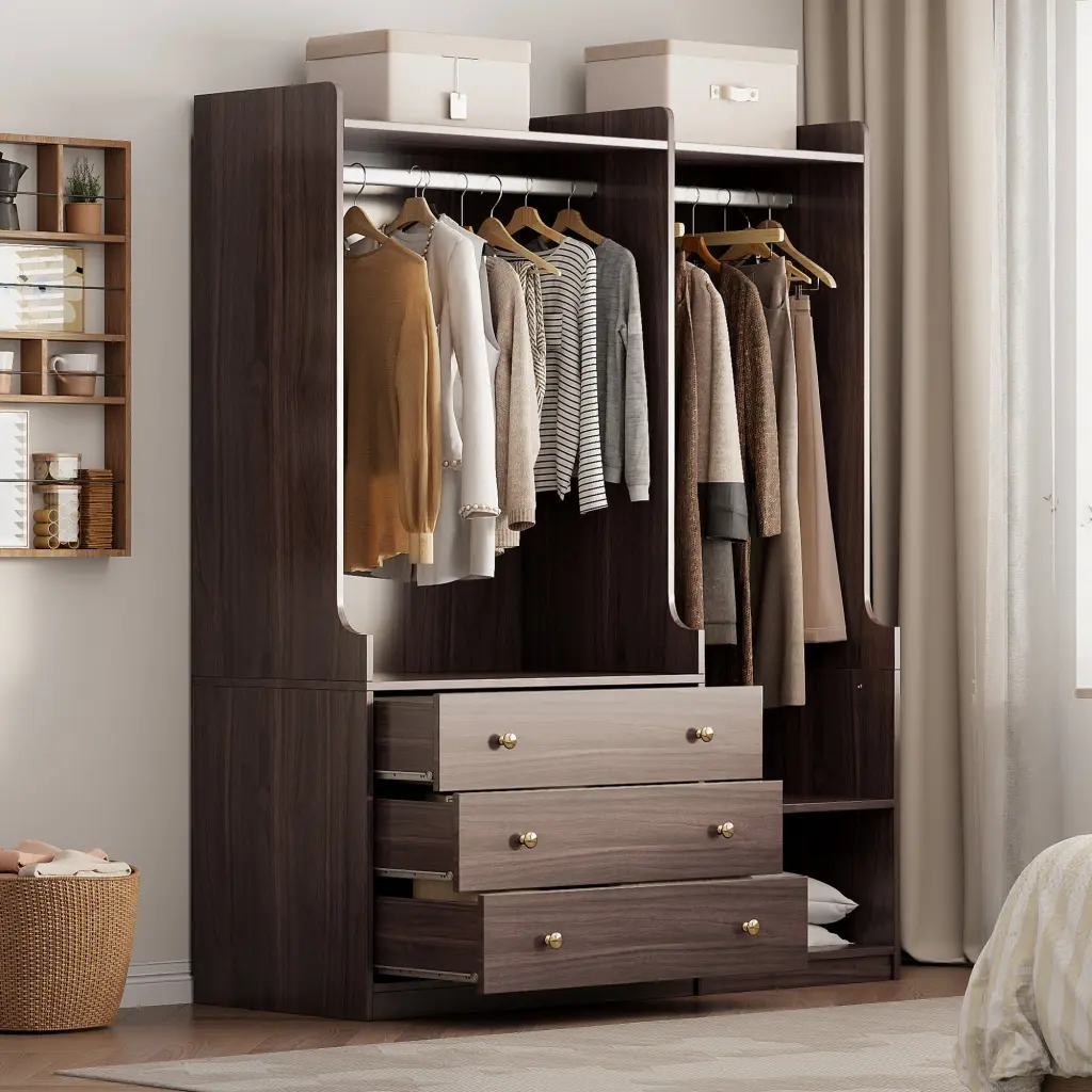 Open Wooden Wardrobe Storage Bedroom Brown Particle Board lucky home