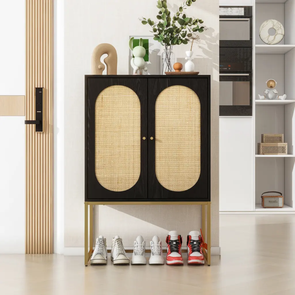 Natural Rattan 2 Door High Cabinet Adjustable Shelves milestone homelife