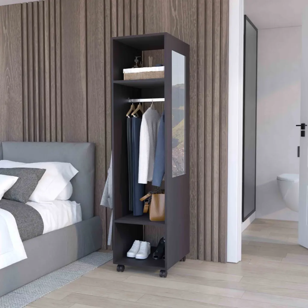 Cluster 63 Inch Tall Wardrobe Mirror Three Shelves Casters and Hanging Rod tuhome