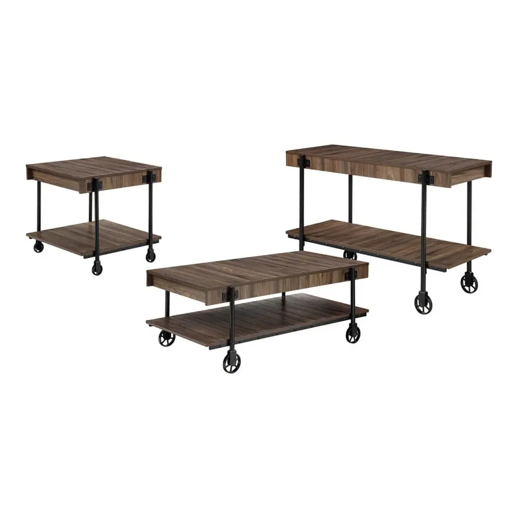Furniture America Acres Wood Dark Walnut 3-Piece Coffee Table Set Wheels