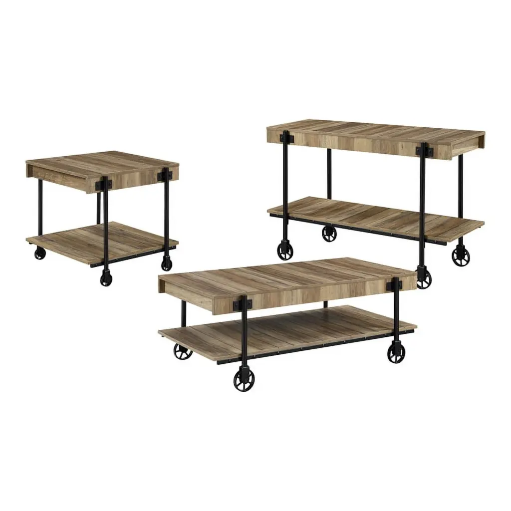 Furniture America Acres Wood Rustic Oak 3-Piece Coffee Table Set Wheels