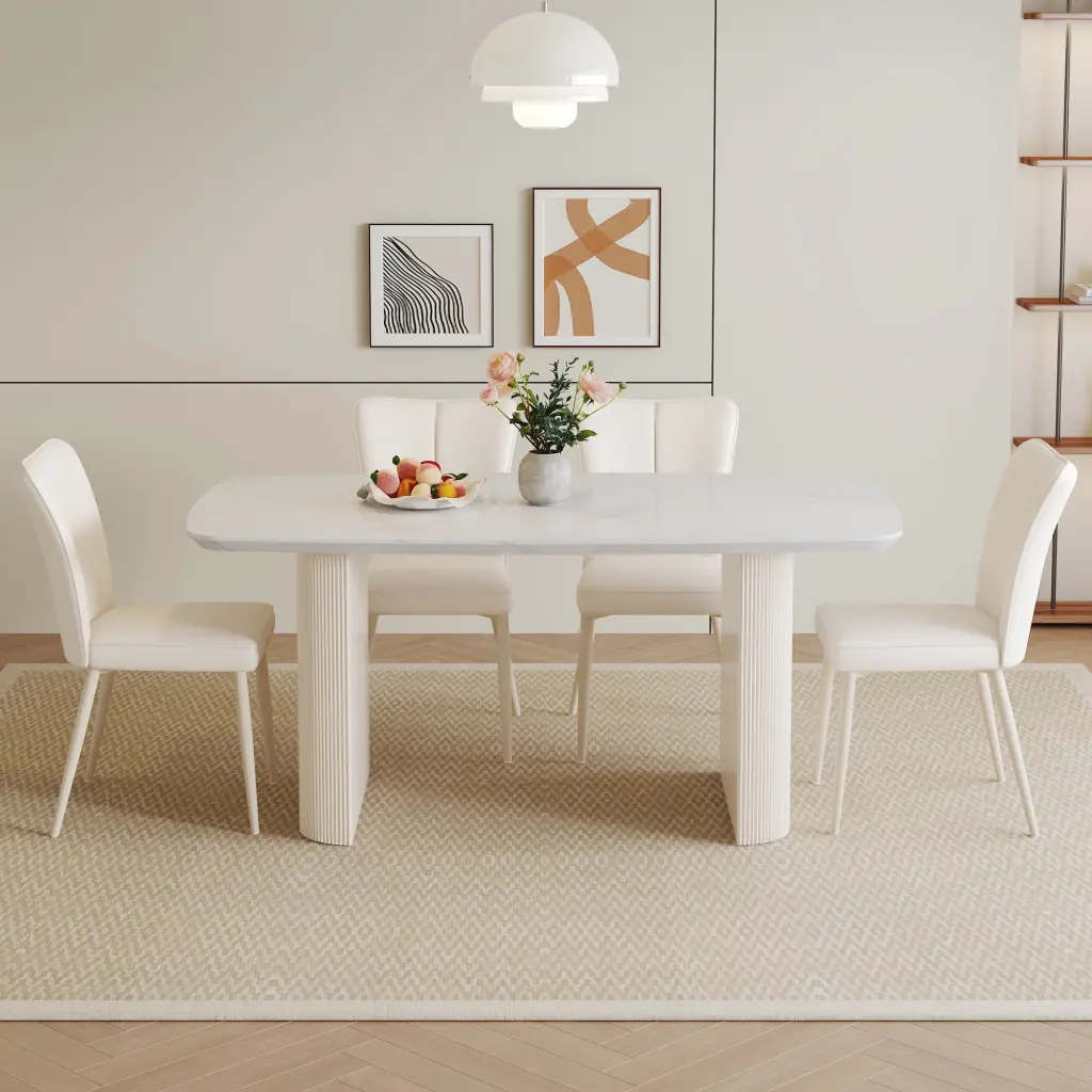 67x35.4 Inch Cream Style MDF White Dining Table Set Chairs droom w-1151