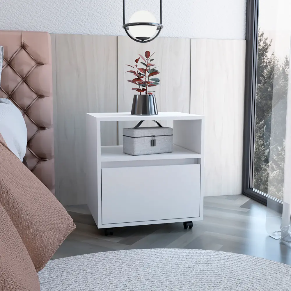 Austin White Nightstand Side Table Casters And Single Drawer tuhome