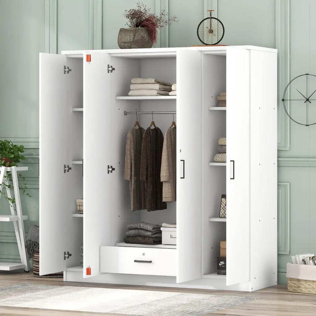 4 Door Wardrobe 1 Drawer White Hinged Shelf lucky furniture