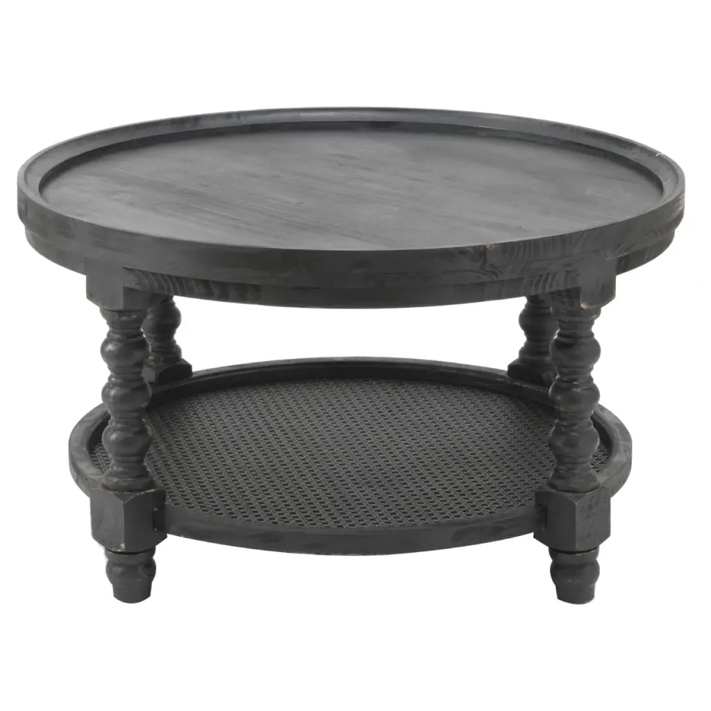 Jake 30 Inch Coffee Table Fir Wood Lower Tier Woven Wicker Shelf Black Saltoro Sherpi