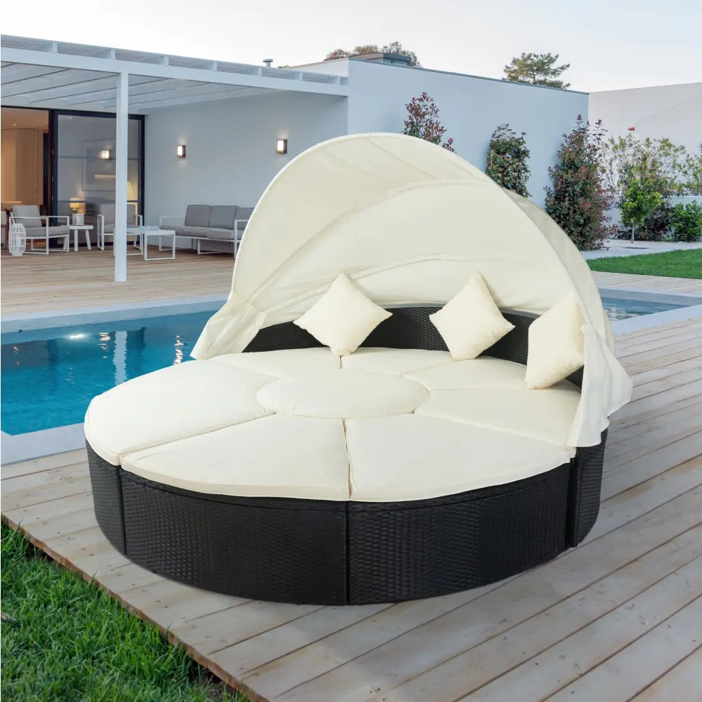 Outdoor Patio Round Daybed Retractable Canopy Rattan Wicker Furniture eelifee