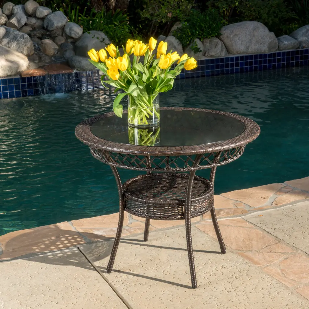Ahua Outdoor Wicker 34 Inch Glass Top Table Multibrown Finish Noble House
