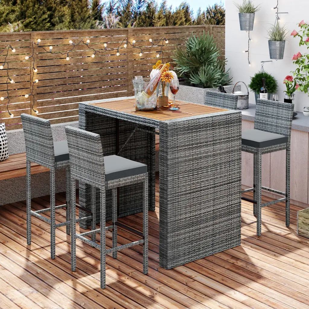 5 Piece Outdoor Patio Wicker Bar Set Non Slip Bar Height Chairs go