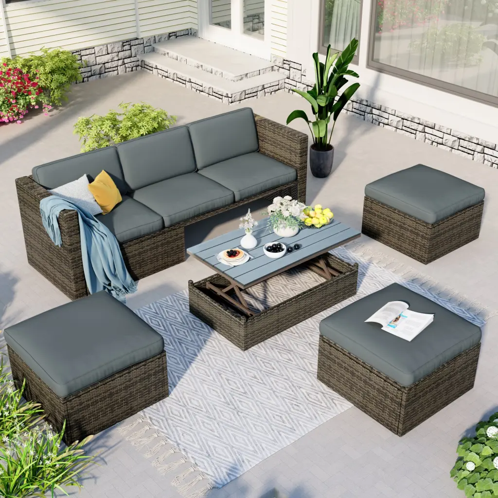 5 Piece Patio Wicker Sofa Set Adjustable Backrests Outdoor Furniture u_style