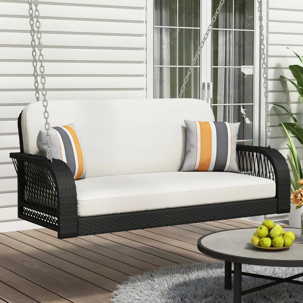 PE Wicker Porch Swing 2 Seater Hanging Bench Chains Patio Furniture go