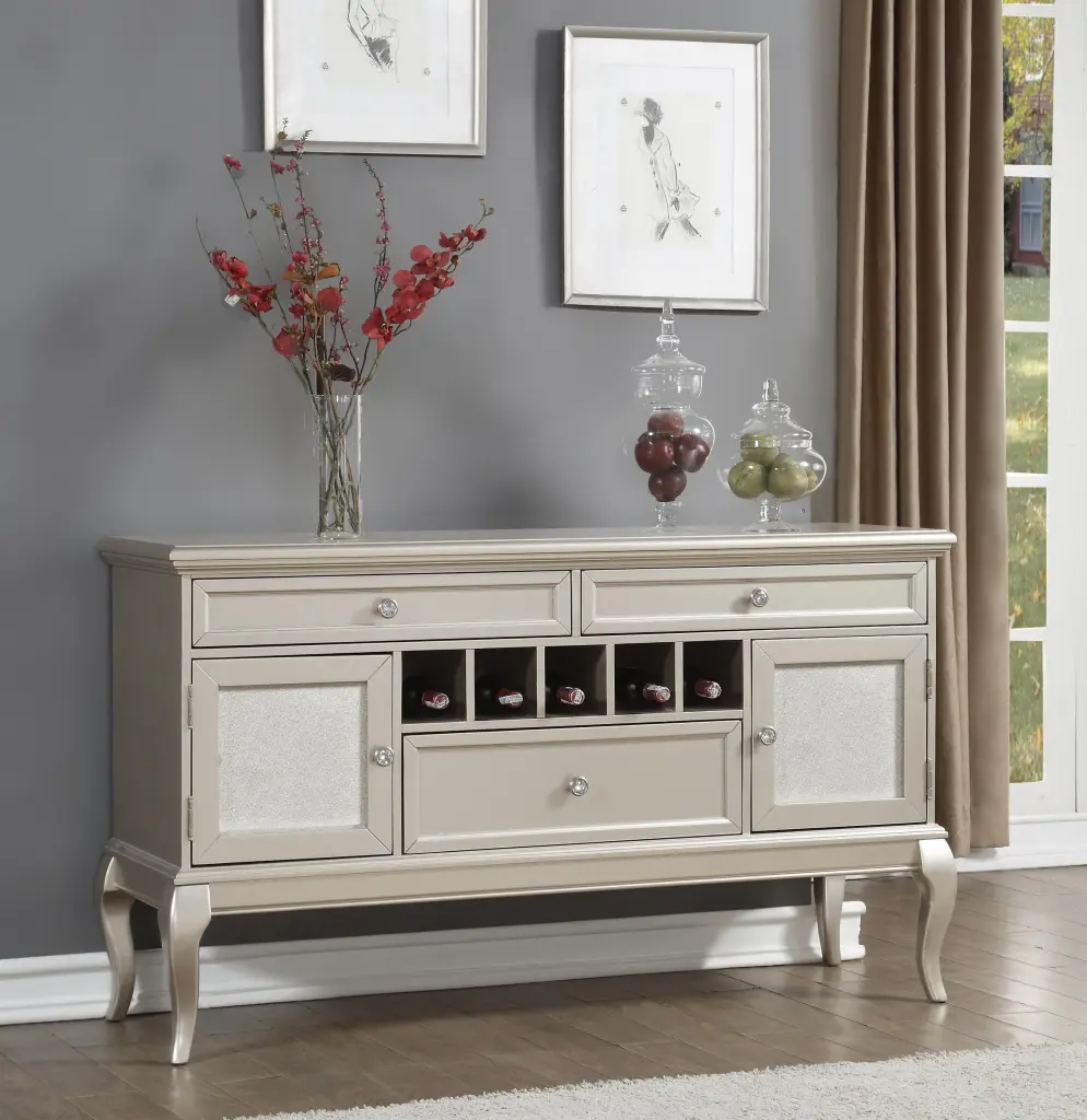 Modern Glamorous Silver Finish Buffet 3 Drawers Wine Rack Adjustable kanepe