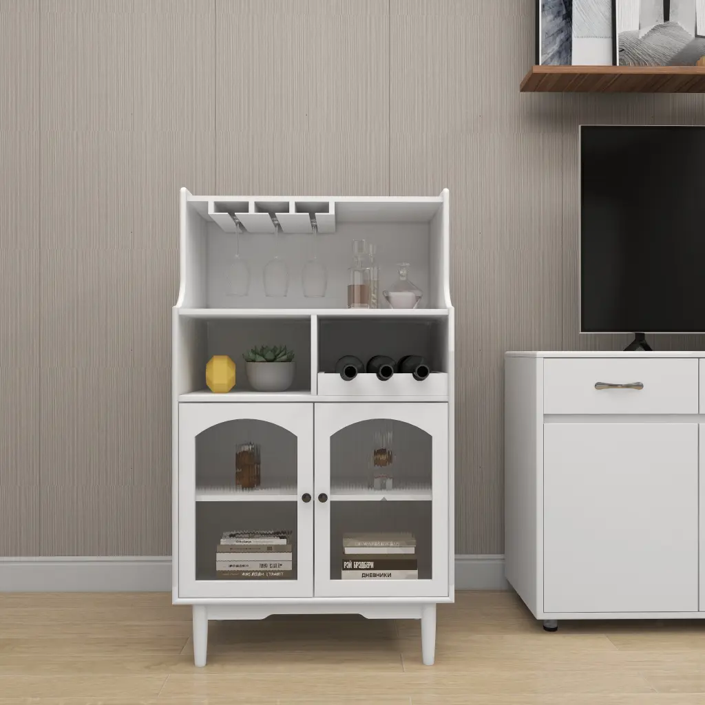 White Wine Cabinet Removable Wine Rack and Crystal Storage Living Room cl worthy houseware co.-ltd.