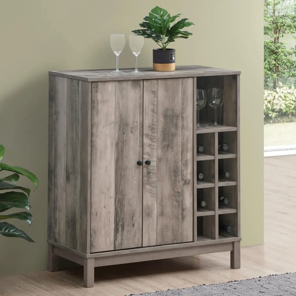 Weathered Acacia Wine Cabinet 2 Doors - Grey Farmhouse Dining Room Storage furniture max