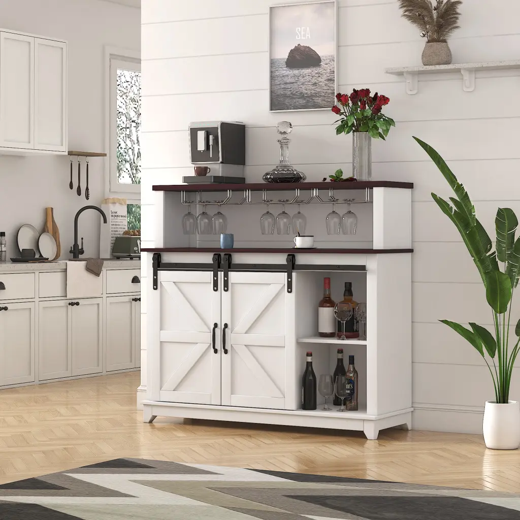 47 Inch Coffee Bar Wine Cabinet Sliding Barn Door Sideboard Buffet joysource furniture