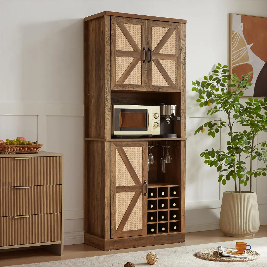 76 Inch Tall Rustic Oak Hue Farmhouse Kitchen Faux Rattan Wine Cabinet rnb
