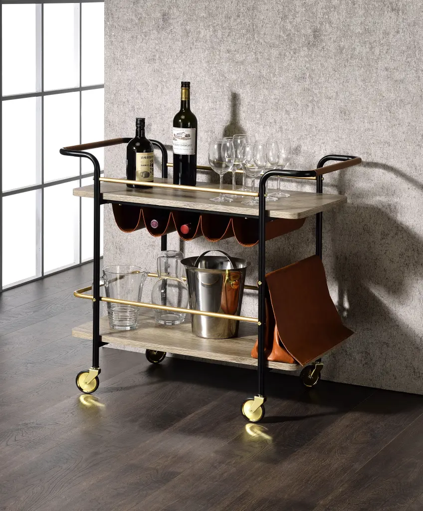 Natural Gold and Black Serving Cart Wine Storage Dining Room furniture max