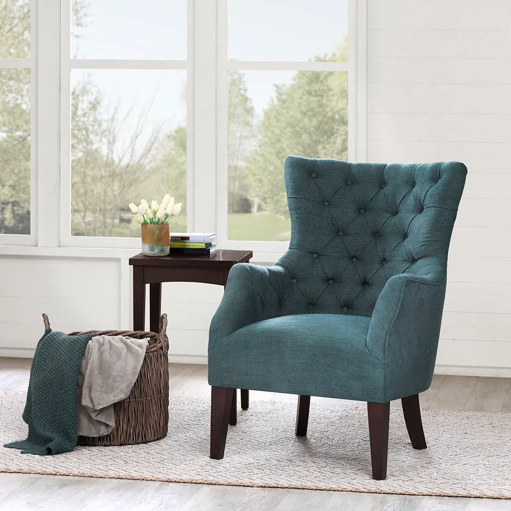 Hannah Button Tufted Wing Chair Dark Green - Solid Wood Accent Chair jla