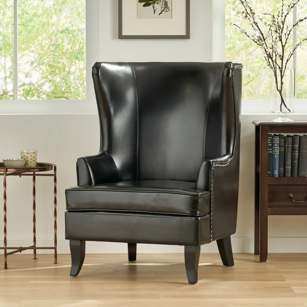 Canterbury Hi Back Wing Chair Black Leather Classic Lounge Furniture nh-mirod