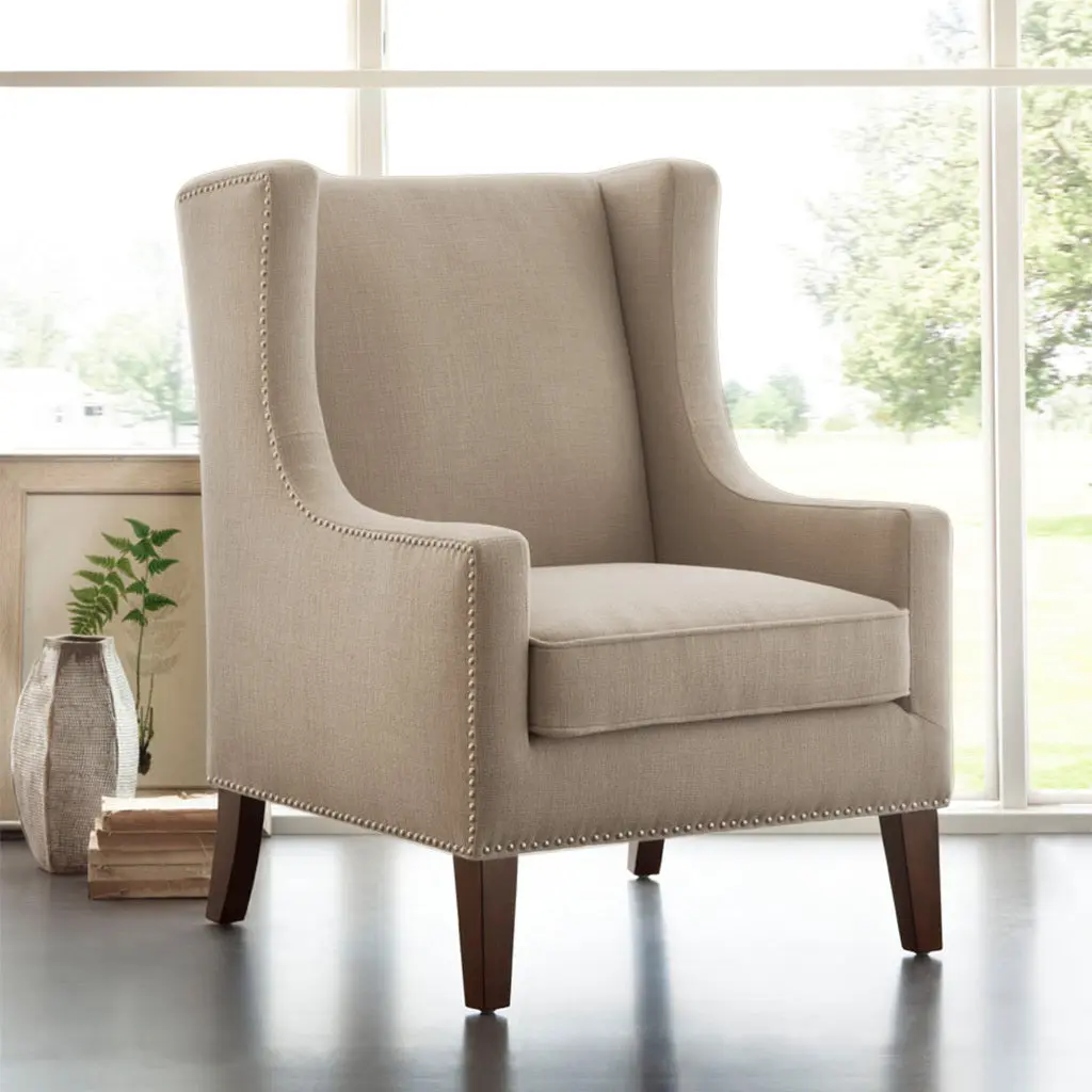 Barton Wing Chair Beige Solid Wood Frame Upholstered Lounge Chair jla