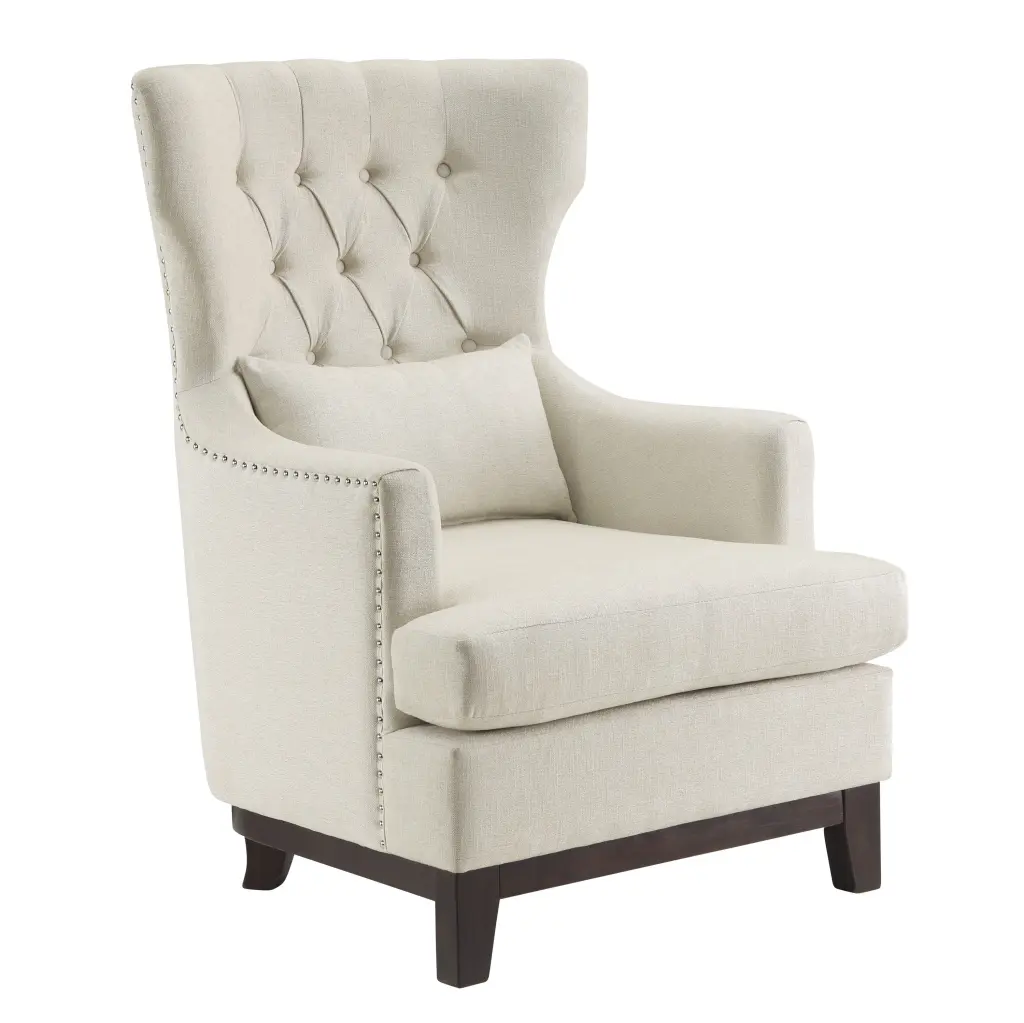 Button Tufted Wing Back Accent Chair 1Pc Beige Fabric Upholstered Pillow Back kanepe