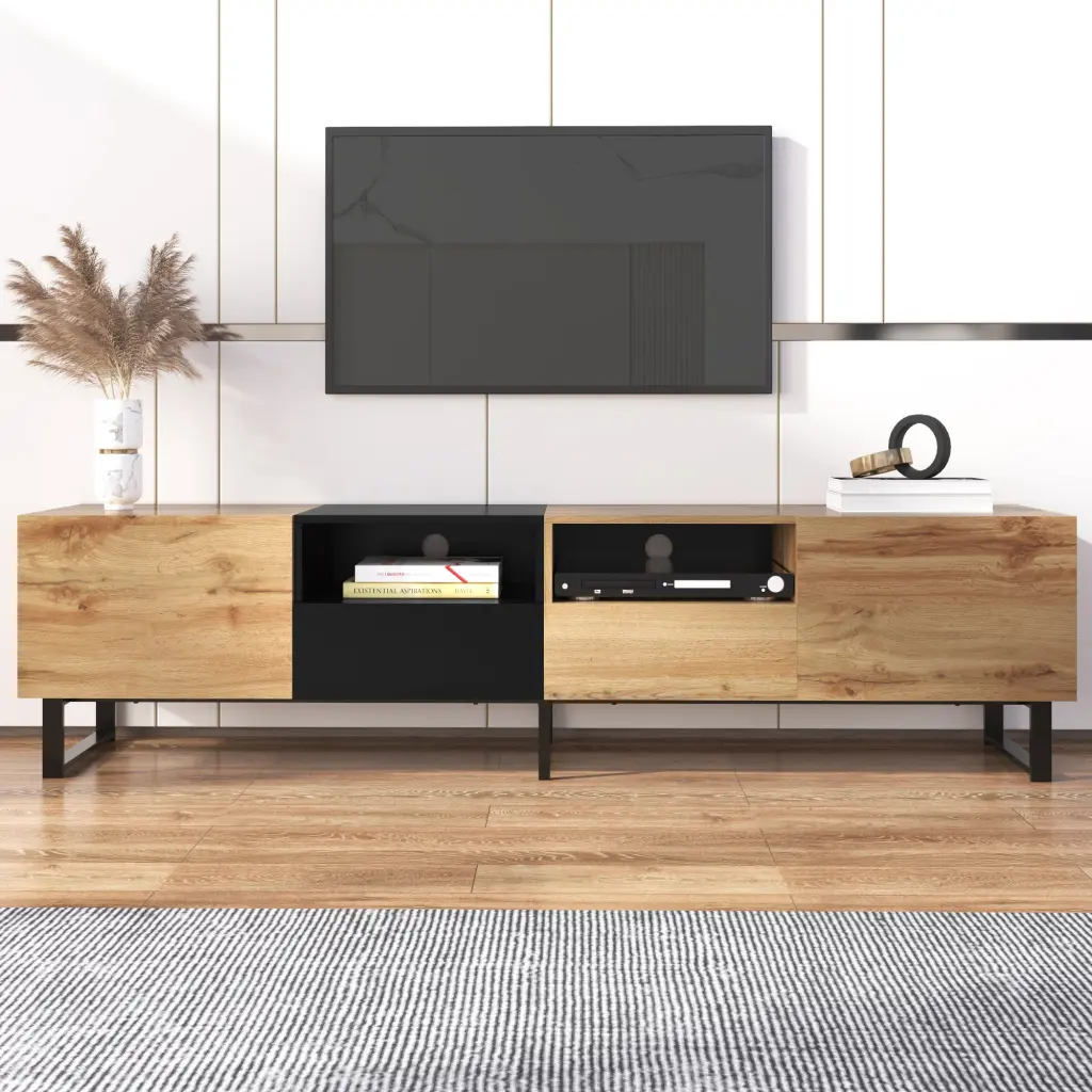 Modern TV Stand 2 Cabinets and Open Storage Compartment Hue Match rnb