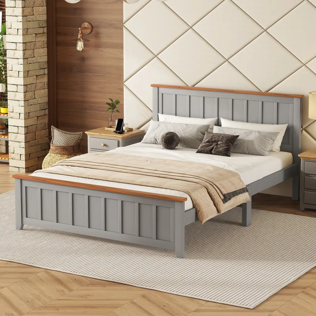 Queen Wood Platform Bed Wooden Slats Vintage Design homey life