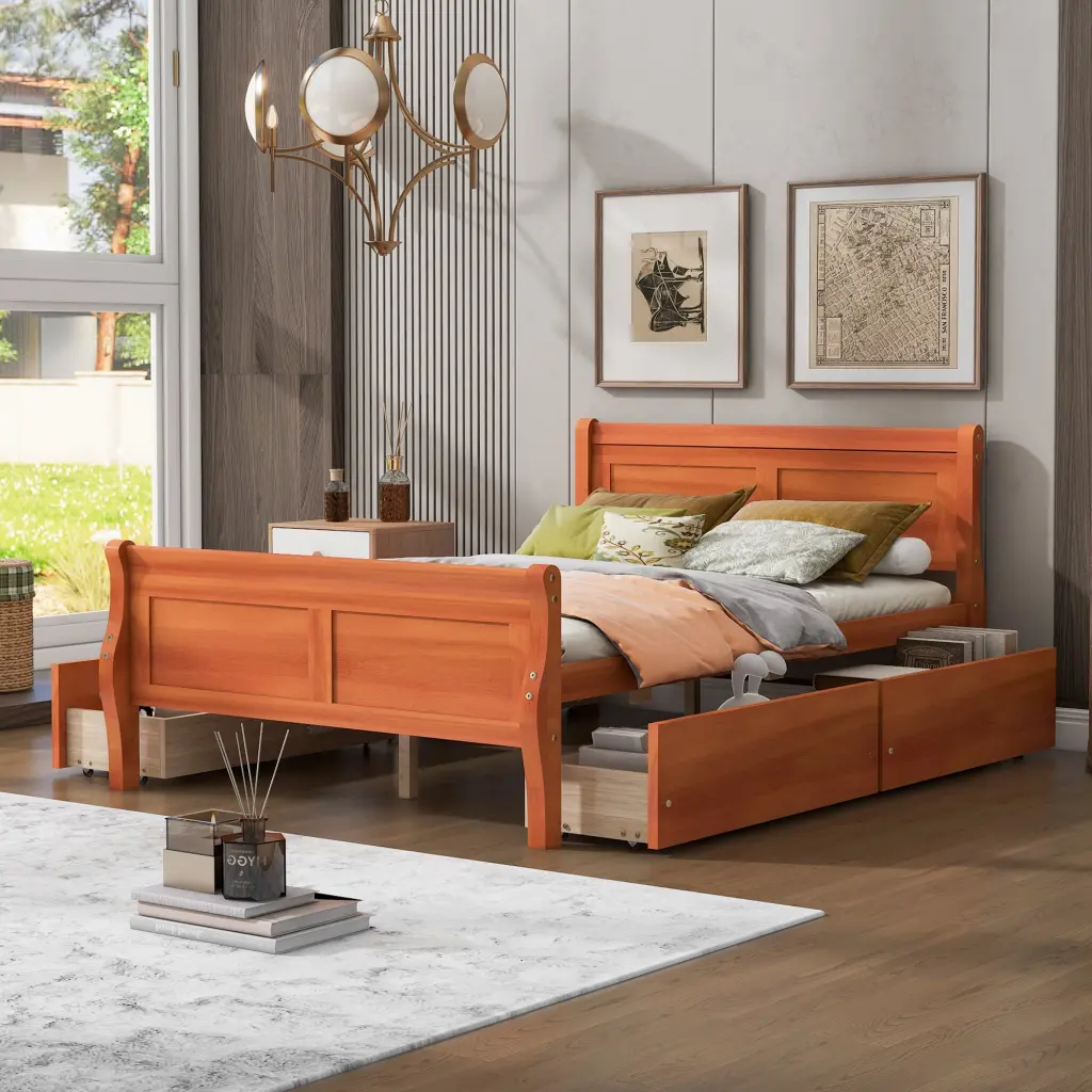 Full Wood Platform Bed 4 Drawers and Simplified Headboard lucky furniture