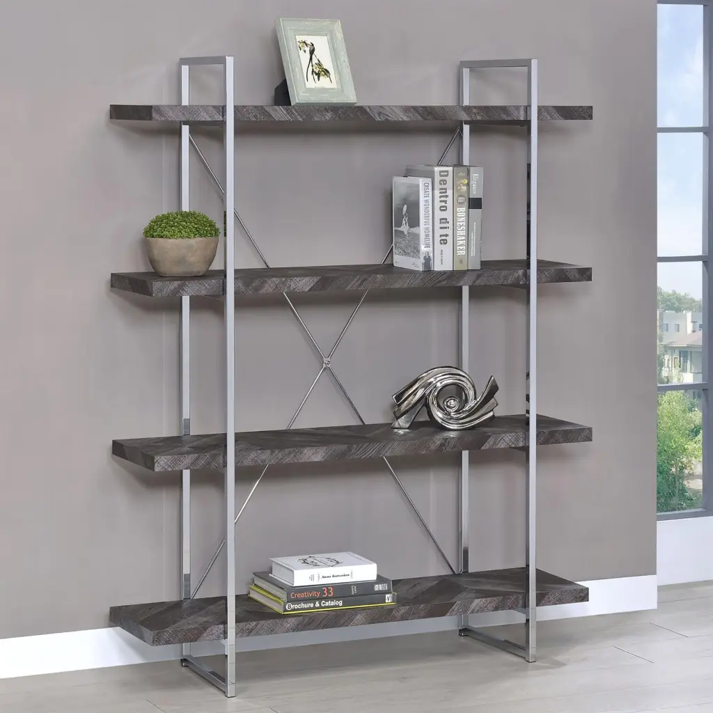 Rustic Grey Herringbone Bookcase Full Length Shelf 4 Tier Storage furniture max