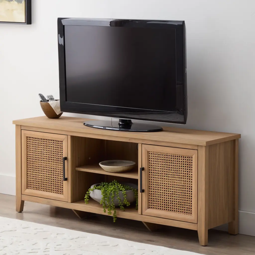 My Texas House Emma Wood and Cane TV Stand TVs up to 65 Inches Light Oak 5 Minute Assembly