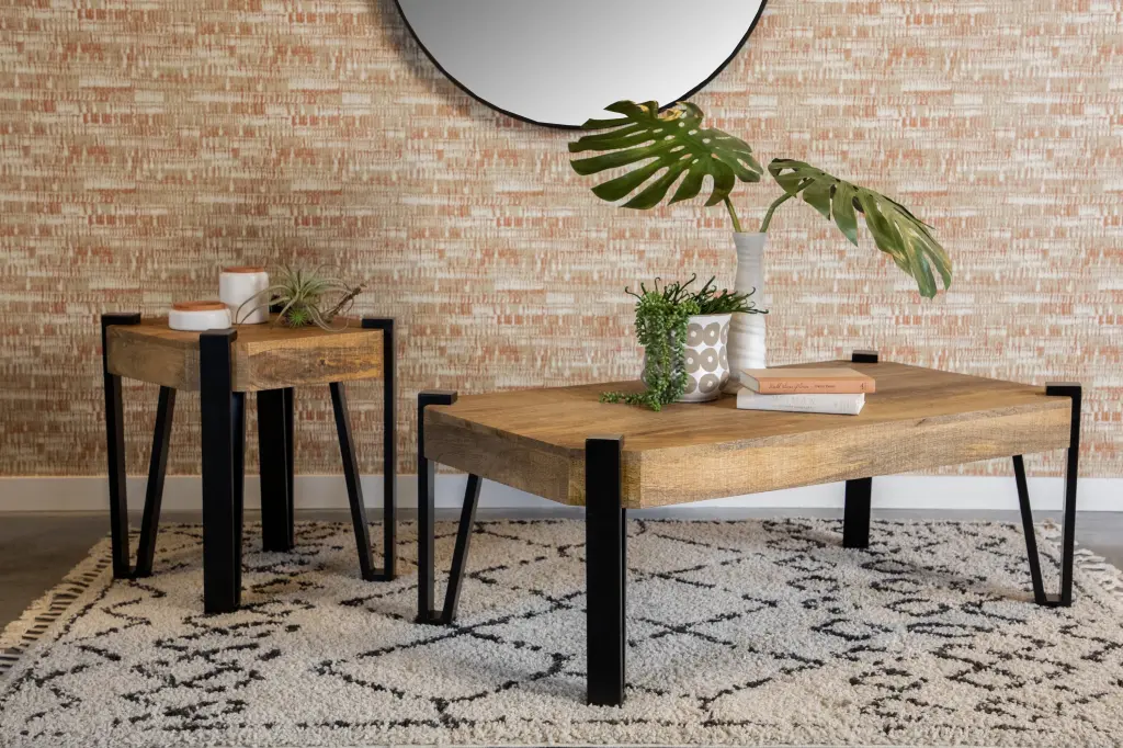 Wooden Rectangular Top Coffee Table Natural and Matte Black Modern Living Room Coaster Company