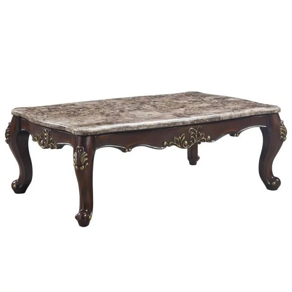 HomeRoots 56 Inch Marble Faux Solid Wood Rectangular Coffee Table Cherry Marble