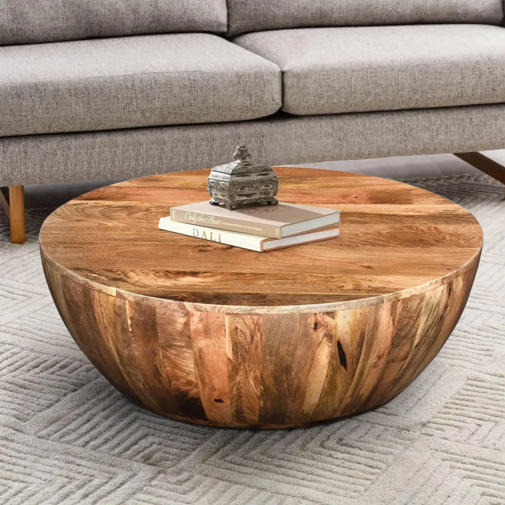 LANTRO JS Mango Wood Coffee Table Round Shape Dark Brown Living Room