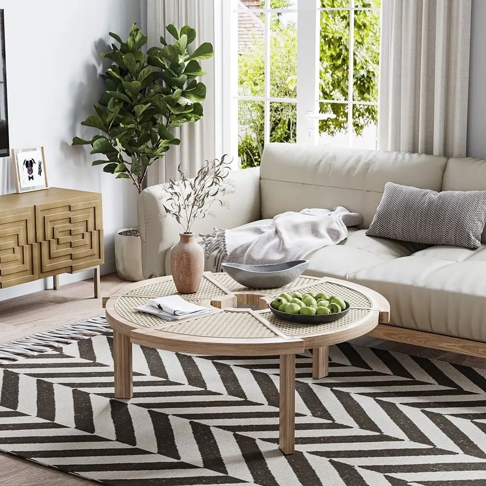 POVISON Modern Solid Wood Coffee Table Handwoven Rattan 47.24 Inches