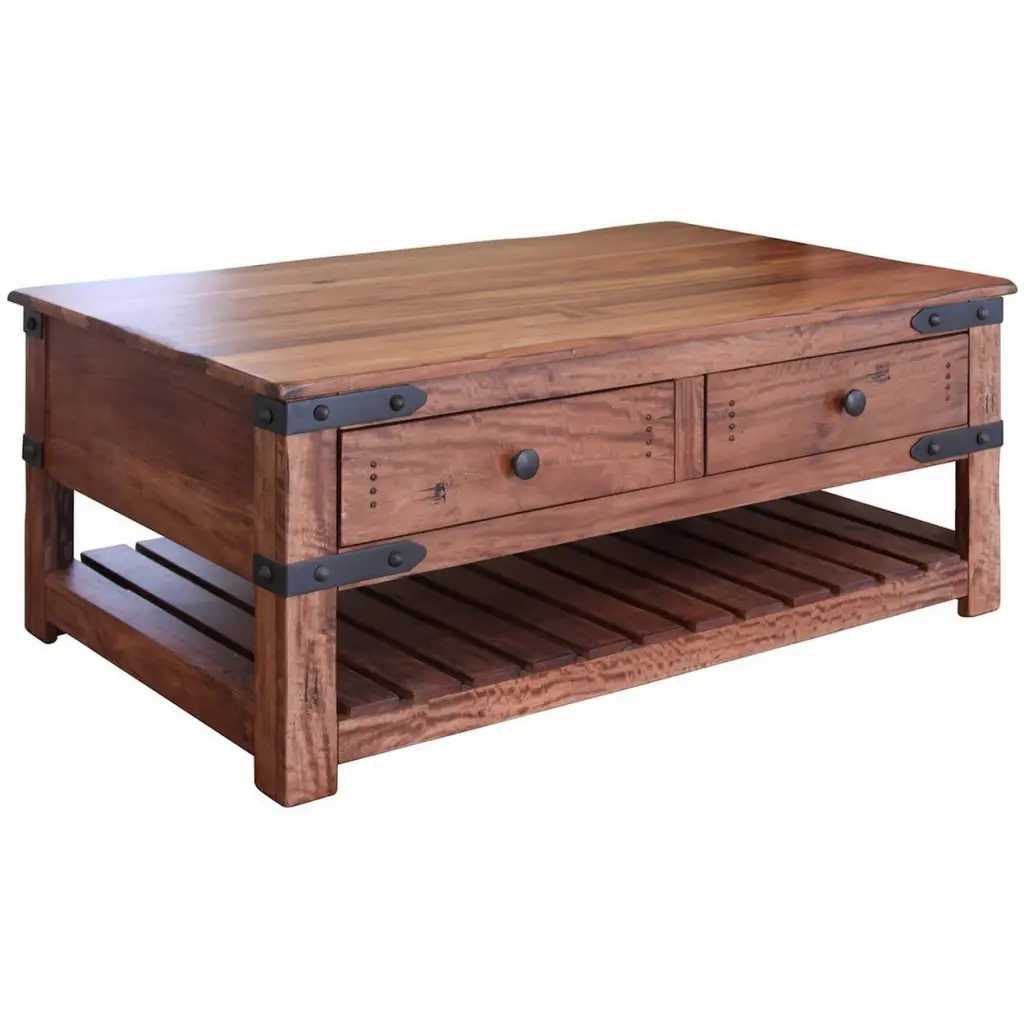 Umey 50 Inch 4 Drawer Coffee Table Slatted Bottom Shelf Brown Solid Wood Saltoro Sherpi