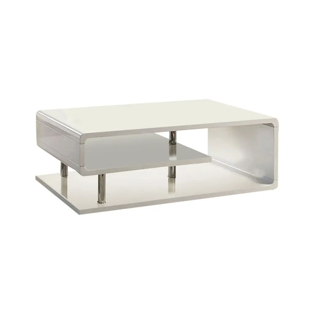 Wooden Coffee Table Curling Shelf and Metal Poles White Saltoro Sherpi