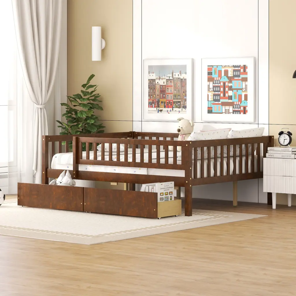Full Dimensions Daybed Wood Bed Two Drawers Walnut Finish lucky furniture