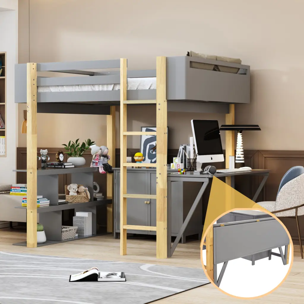 Full Dimensions Wood Loft Bed Storage Cabinet and Cubes Foldable Design lucky furniture